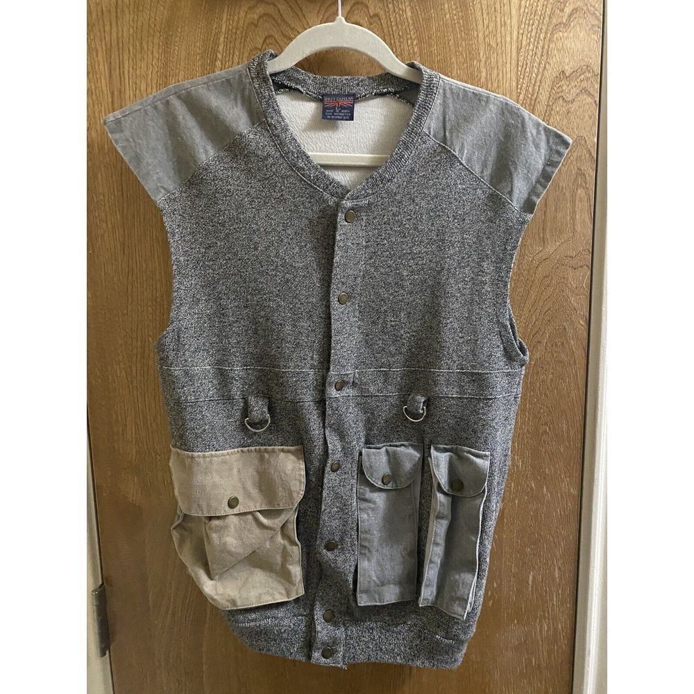 Vintage Brittania Gray Cotton Hunting Vest Suede Shoulders Button Pockets Size L